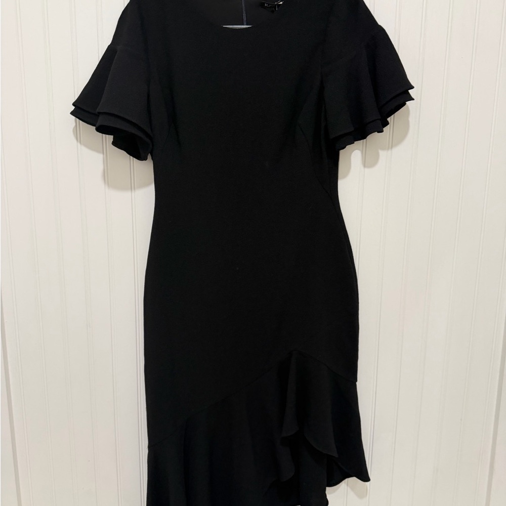 Black Halo Ruiz Asymmetrical Black Dress with Ruffle Sleeves NWT 10